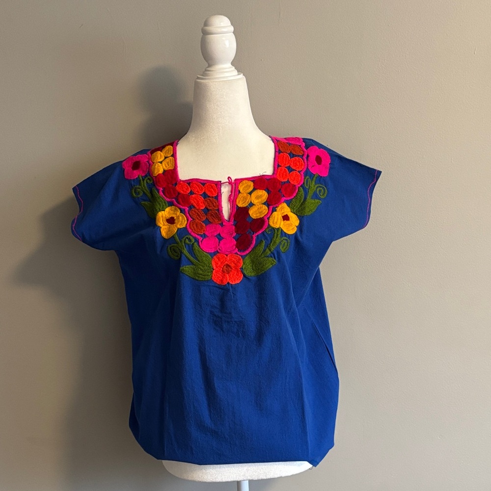 Mexican Floral Embroidered Blue Blouse